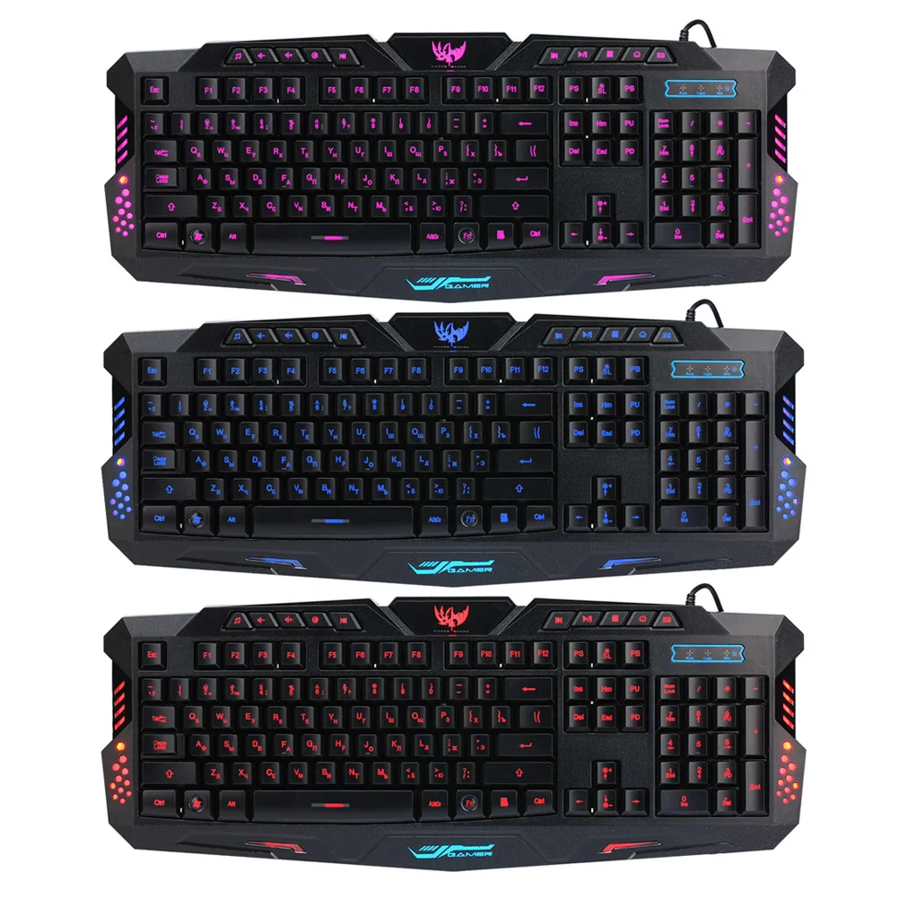 

3 Color Backlit Mechanical Feeling Bilingual Keyboard English and Russian Adjustable Brightness USB Wired Gaming Keyboard