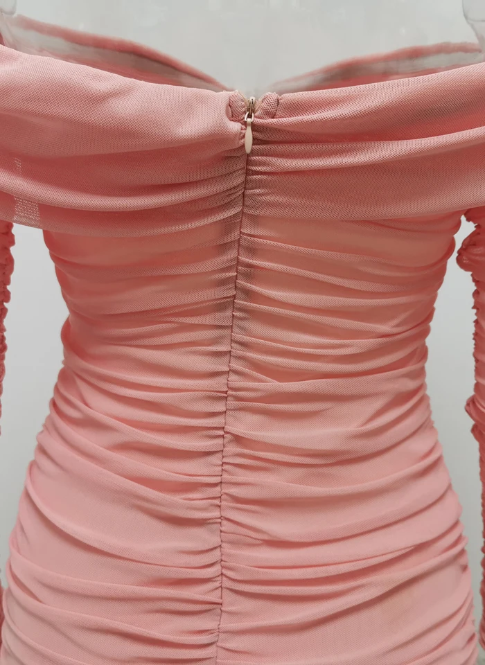JillPeri Felicity Персиковое платье с открытыми плечами сексуальное Сетчатое платье с длинным рукавом и крестиком верхняя одежда с рюшами элегантные вечерние мини-платья