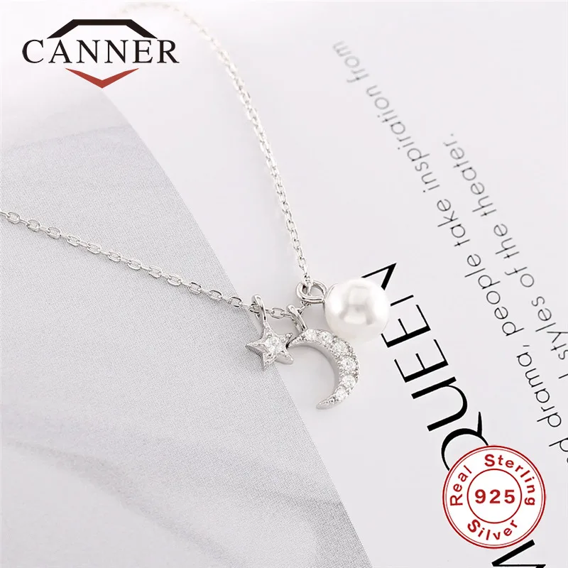 CANNER S925 Sterling Silver Lovely Moon Star Imitation Pearls Pendant Necklace Fashion Zircon Choker for Women TH