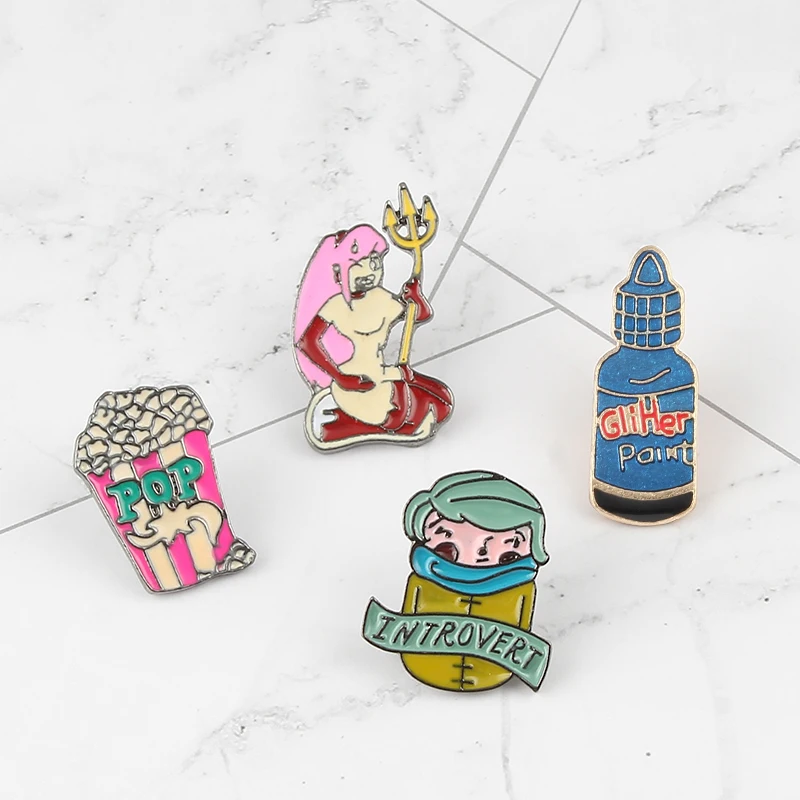 

4 Pieces / Set Collection Enamel Needle Shy Boy Brooch Creative Popcorn Brooch Demon Messenger Badge Collar Needle Jewelry Gift