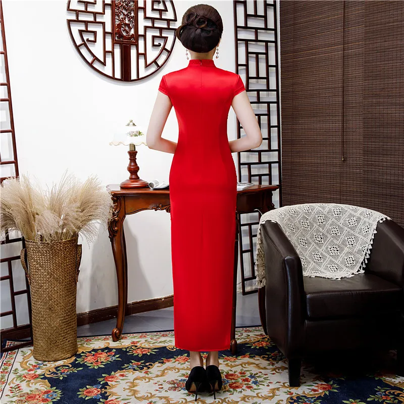Весенние новые элегантные вышитые Cheongsam Длинные вечерние платья восточные костюмы Qi Pao женское китайское платье аналогичного шелка Qipao