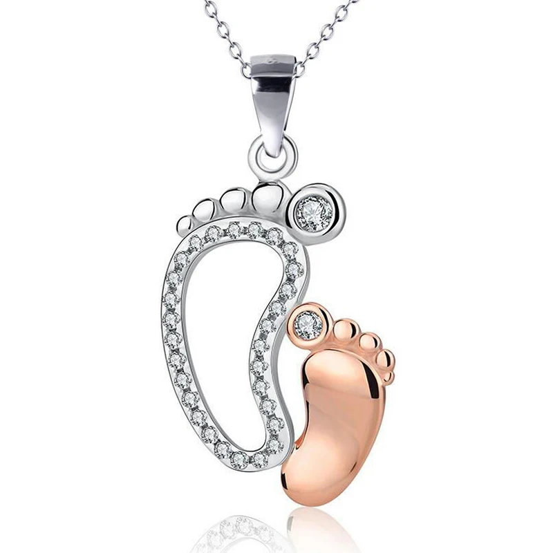 

Wholesale 12pcs Zirconia Crystal Feet Pendant Necklaces Mom Baby Child Mother's Day Gifts Jewelry Silver Chain locket Necklaces