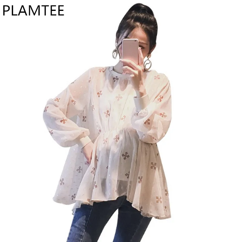 

PLAMTEE 2Pcs Rouned Neck Maternity Doll Shirt 2018 New Spring Flower Printing A-Line Tops For Pregnant Women Maternity Clothing
