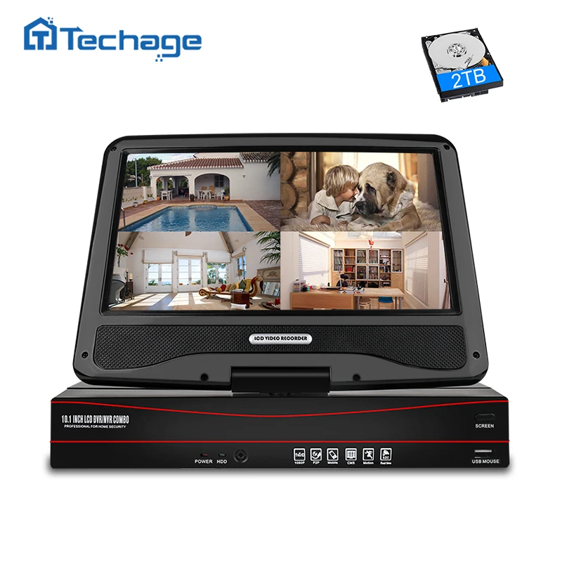 Techage 8CH 1080 P 48 В POE NVR 10,1 "ЖК-дисплей монитор Экран xmeye 802.3af P2P ONVIF сетевого видео Регистраторы для 2MP POE IP Камера