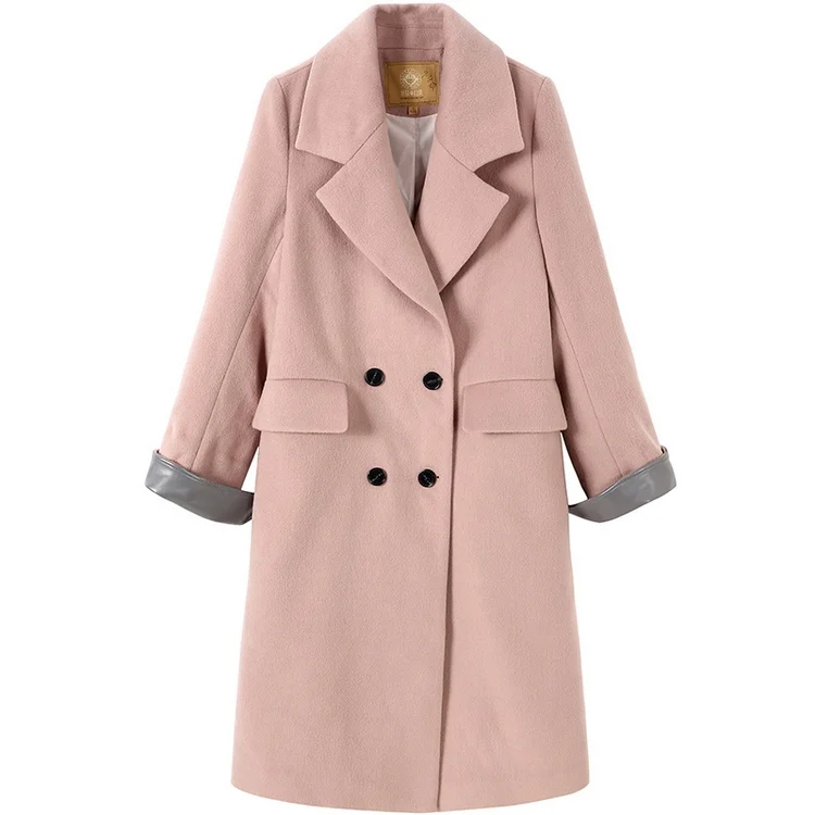 ELFSACK, зима, новинка, для женщин, 30.9% шерсть, куртки, полный, длинный, сплошной, отложной воротник, для женщин, шерсть, пальто, повседневное, широкая куртка с талией - Цвет: Розовый