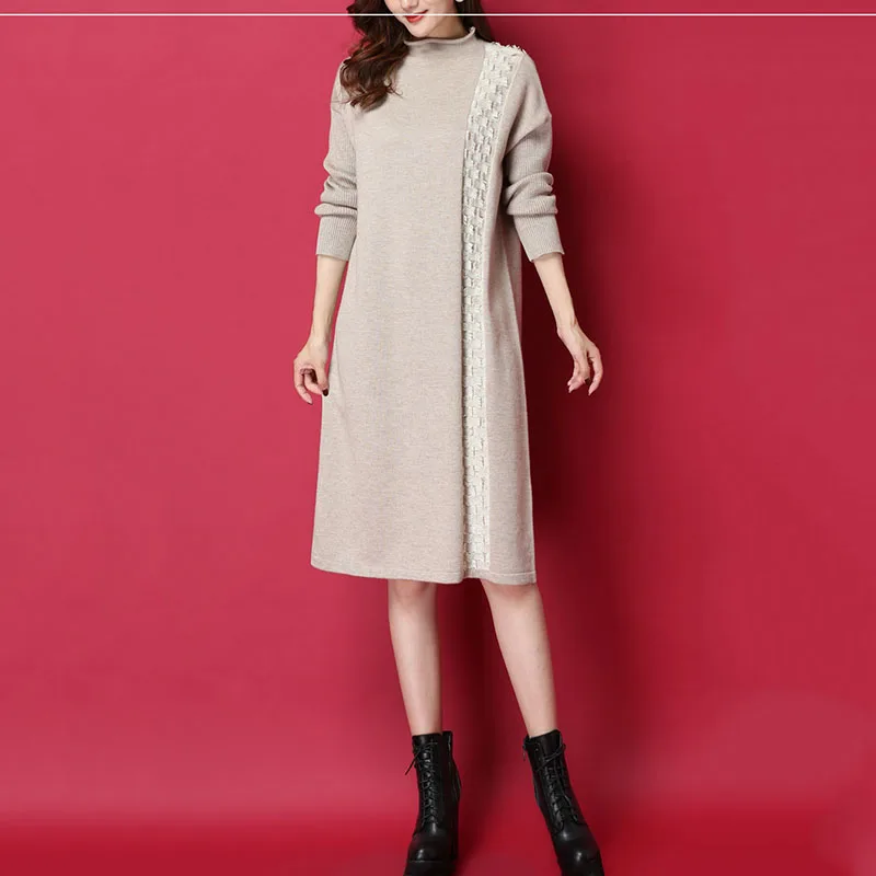 Осеннее платье, длинный женский свободный шерстяной свитер, пуловер, новинка, элегантное платье-свитер с высоким воротом, женский зимний топ NO659