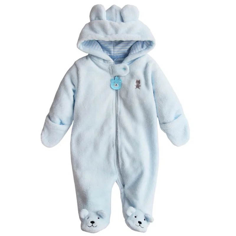 Детские комбинезоны для новорожденных мальчиков и девочек, комбинезон с капюшоном из кораллового флиса с рисунком медведя, осенне-зимняя одежда для малышей 0-9 месяцев - Цвет: Blue