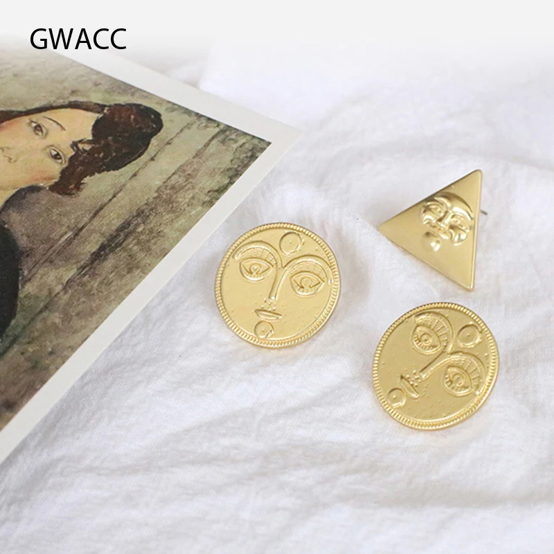 

GWACC Design Funny Face Earrings For Women Girl Metal Gold Stud Earrings Round Triangle Shape Creative Personality Earrings boho