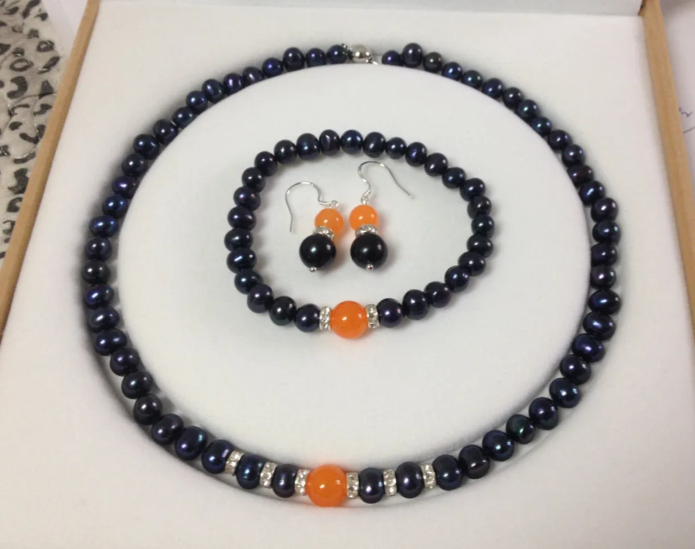 

Prett Lovely Women's Wedding Black Akoya Cultured Pearl/Orange gem bracelets necklace earrings set A056 Natural