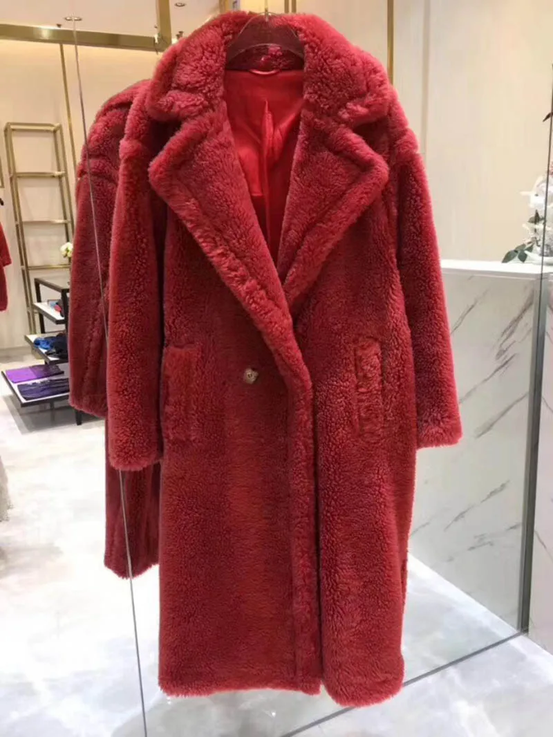 Женское плюшевое пальто из натуральной шерсти, модное Стильное зимнее плотное теплое длинное пальто, натуральный мех, верхняя одежда S7480 - Цвет: Red
