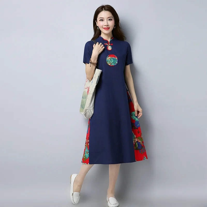 Новое поступление, летние платья, женское платье, Ретро стиль, пэчворк, свободное, Cheongsam Qipao, женские элегантные китайские платья TA1615