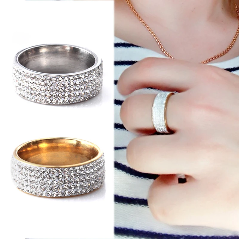 Кольца для девочек и мальчиков, гипоаллергенное серебряное золото, 5 строк, прозрачные сверкающие кристаллы, 1 шт., кольцо из нержавеющей стали, ювелирные изделия