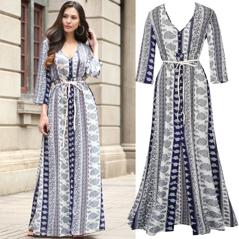 Модный Boho принт Лето 2017 г. Макси платье Женская Повседневная три четверти рукав
