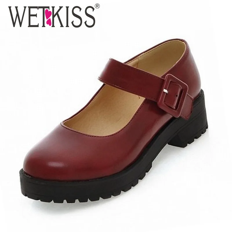 Sweet Mary Janes Buckle Ankle Strap Pumps Shoes 2015 Brand Med Square Heels Platform Shoes Spring
