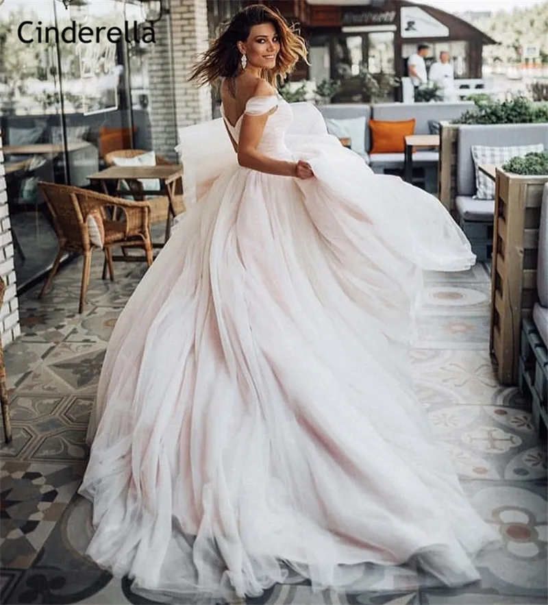 

Cinderella Elegant Blush Off The Shoulder A-Line Lace Up Back Soft Tulle Glass Crystal Beaded Wedding Dresses vestido de noiva
