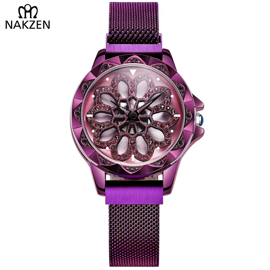 

Fashion Women Watch Luxury Ladies Mesh Band Quartz New Design Rotating Dial Wrist Watches Relojes Mujer 2019 NAKZEN Female Clock