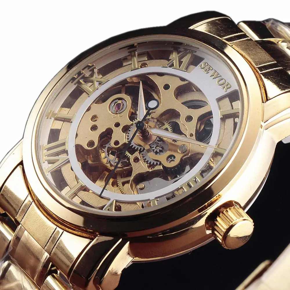 

New SEWOR Luxury Brand Gold Skeleton Automatic Watches Men Fashion Male Watch Stainless Steel Mechanical Wristwatches Gift