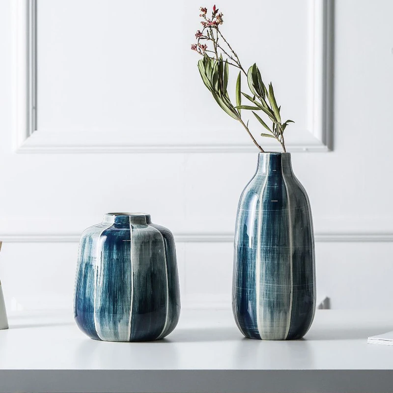1pc Indigo Blue Ceramic Vase Simple Lines Flower Vases Decorative