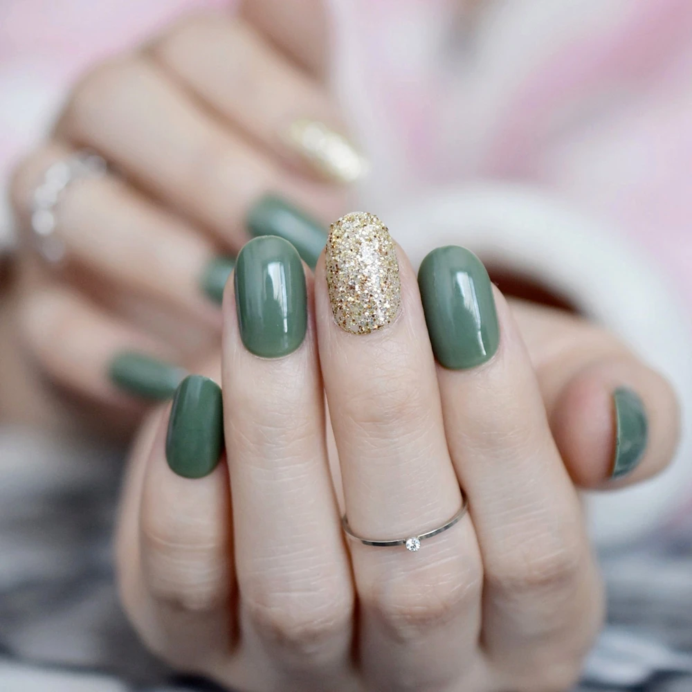Fashion Fake Nails Glitter Decor Dark Green Short Full Artificial Fashion Fake Nails Glitter Decor Dark Green Short Full Artificial Nail Tips With Glue Sticker For Office Home Faux Ongle Z834 In False From Beauty