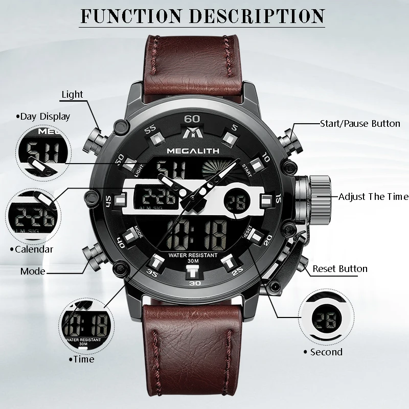 Megalith Men Sports Quartz Watch Men Multifunction Waterproof Luminous Wristwatch Men Dual Dispay-4
