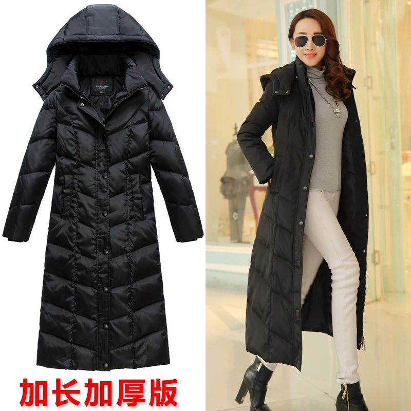 Nieuwe 2019 maxi lange eend down jas hooded over-de-knie verdikking thermische jas winter zwart paars plus size 2xxl 3 xxxl 4 xxxxl