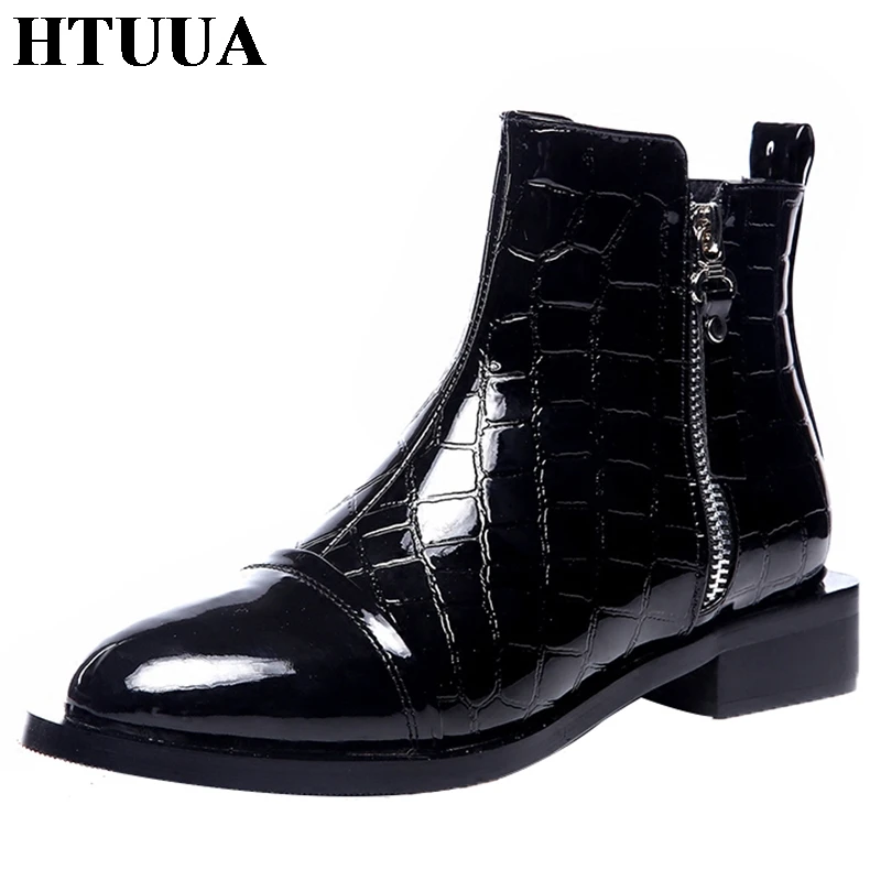 shiny flat ankle boots