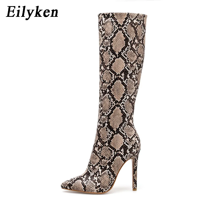 Eilyken/женские сапоги до колена; пикантные сапоги для верховой езды на молнии с боковой молнией на высоком тонком каблуке из змеиной кожи; модная обувь; женские сапоги для вечеринок; туфли-лодочки