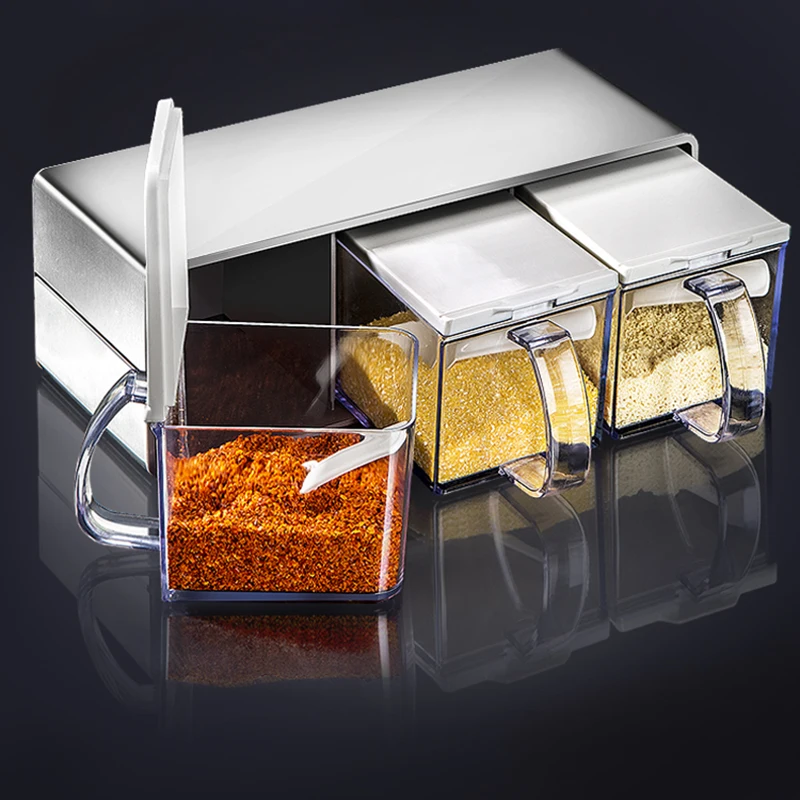 

3PCs Exquisite 304 Stainless Steel Shell Spice Box With Spoon Pepper Herb Sugar Salt Seasoning Storage Jar Kitchen Cooking Tool