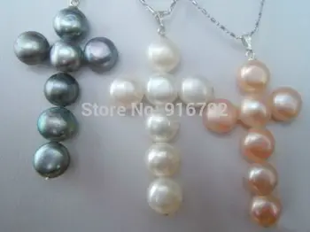 

HYFY20143235e>>>3PCS Akoya Cultured pearl cross pendant necklace AAA