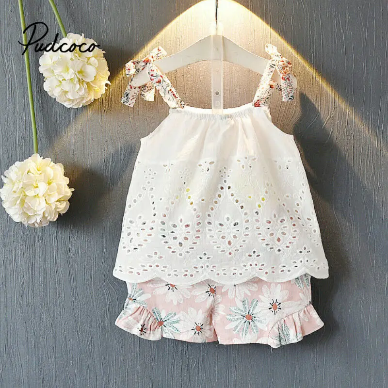 

pudcoco 2019 Children Clothing Suits For Girls Clothes Kids Toddler Enfant Fille Infantis Outfits Hollow Blouse + Flower Shorts