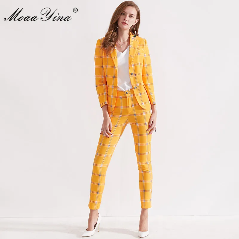 Модный дизайнерский комплект moaayina, весенние женские клетчатые элегантные топы с длинным рукавом в английском стиле для офиса+ брюки, костюм из двух предметов - Цвет: Цвет: желтый