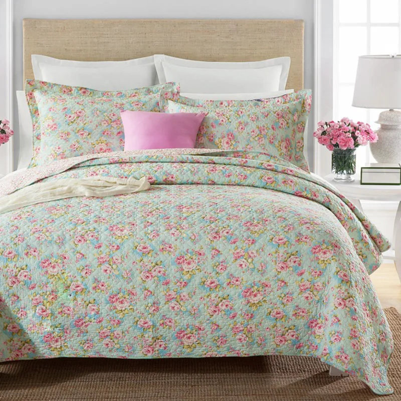 

Quality Cotton Bedspread Quilt Set 3pcs Floral Print Coverlet Quilted Quilts Bed Cover Pillow Case King Queen Size Blanket