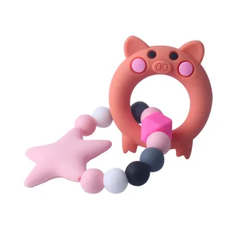 

Pink Pig Silicone Baby Teethers Bracelet Teething Ring For Baby Organic Silicone Beads Baby Stroller Accessories Chewable