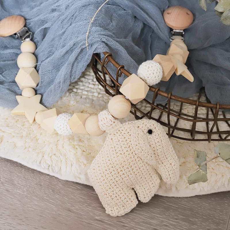 

1pc Baby Silicone Beech Wooden Crochet Beads Teethers Elephant Stars Pacifier Chain Teething Pram Cart Chain Baby Toys Products