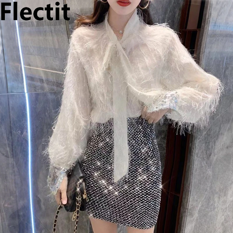 

Flectit Sheer Sequined Long Sleeve Tie Neck Blouse with Tassel Sexy Club Party Womens Tops and Blouses Blouse Femme