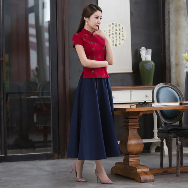 Традиционное китайское платье в стиле ретро, льняное платье чонсам, комплект из двух предметов, женское платье с цветочным принтом, элегантное платье размера плюс, Qipao Swing Skir - Цвет: 02