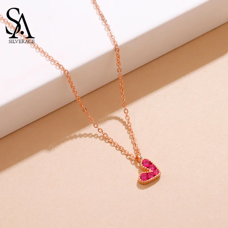 

SA SILVERAGE Real 925 Sterling Silver AAA Zirconia Choker Necklace 925 Silver Rose Gold Color Heart Pendant Necklace for Woman