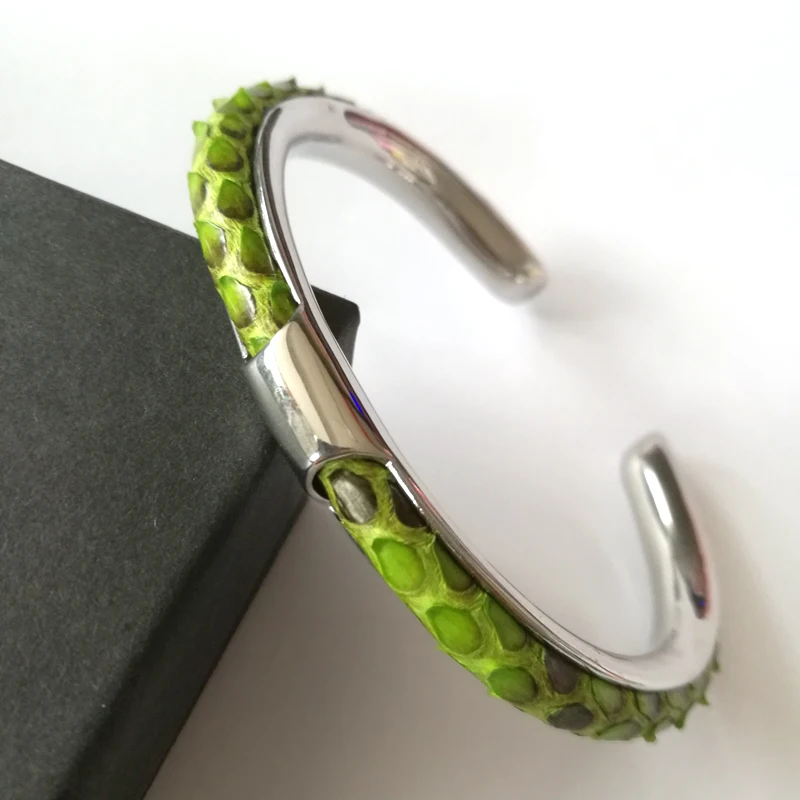 

Beichong Genuine Black Python Leather Bracelet with Silver Stainless Steel C Bangle For Watch Bracelet Classic Women Men Gift