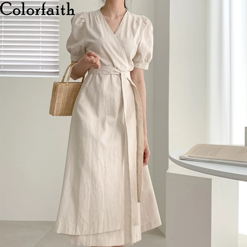 

Colorfaith New 2019 Women Long Dresses Spring Summer Prairie Chic Elegant Ladies V-Neck Lace Up Bow Solid Wrap Dress DR7021