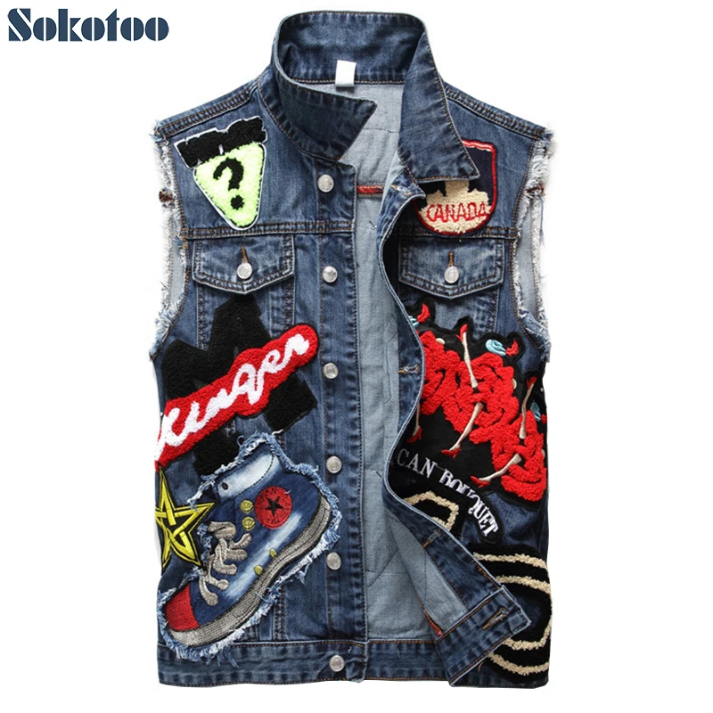 

Sokotoo Men's patch design blue denim vest Fashion slim fit beauty embroidery patchwork tank top