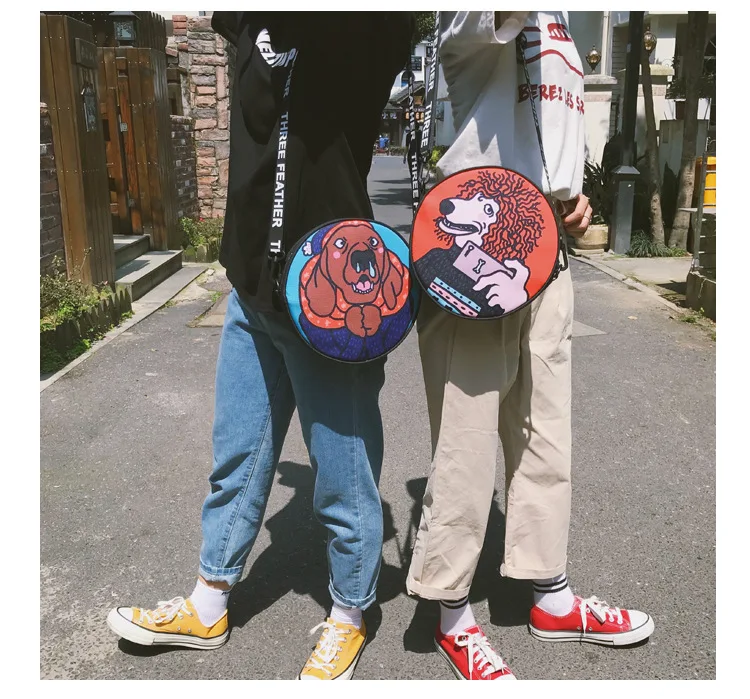 Японская сумка на плечо в стиле Харадзюку с принтом собаки, крутая круглая сумка в стиле хип-хоп, вечерние женские сумки, клатч, кошелек