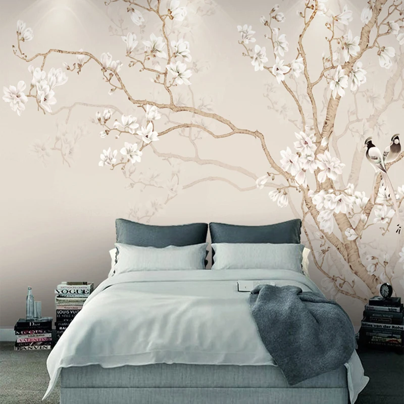 Papel de Parede Mural Personalizado para Home Decor Pintado à Mão Magnolia Flower Bird Modern Bird Bedroom Photo