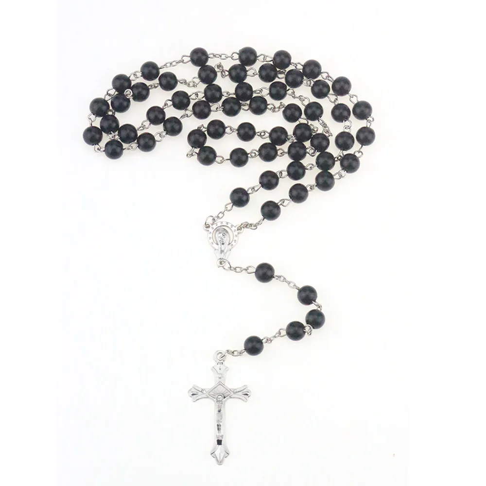 

Hot Sale Women Men's Imitated Pearl Alloy Silver Cross Drop Long Chain Pendant Piety Necklace Rosary Beads Jewelry Accessories
