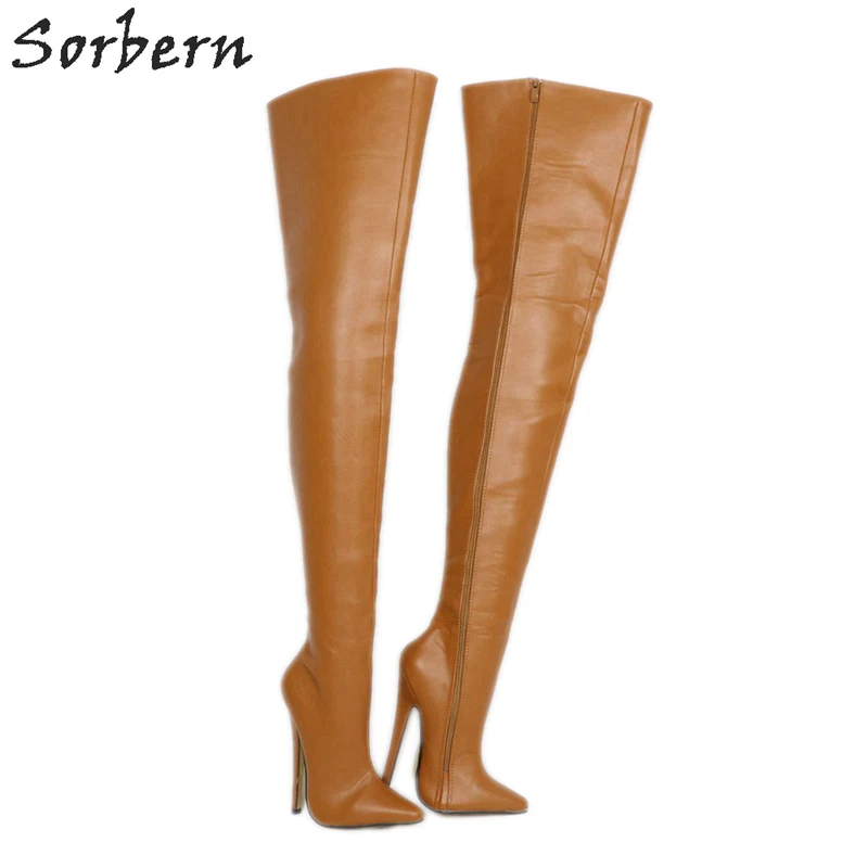 Sorbern/коричневые матовые сапоги выше колена для женщин, на заказ, длинные, широкие, до бедра, женские сапоги размера плюс 15, Дамская обувь выше размера 18 см