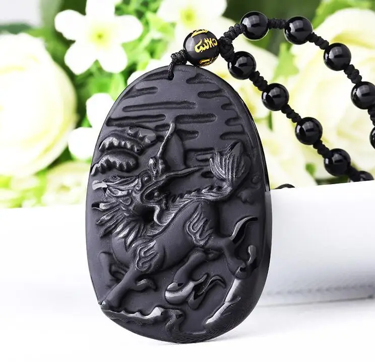 

Natural obsidian fashion sculpture kirin pendant necklace Men lucky jewelry
