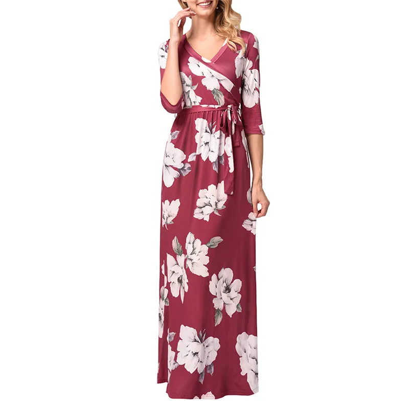 Casual Floral Print Women 2018 Summer Dresses Three Quarter Sleeves