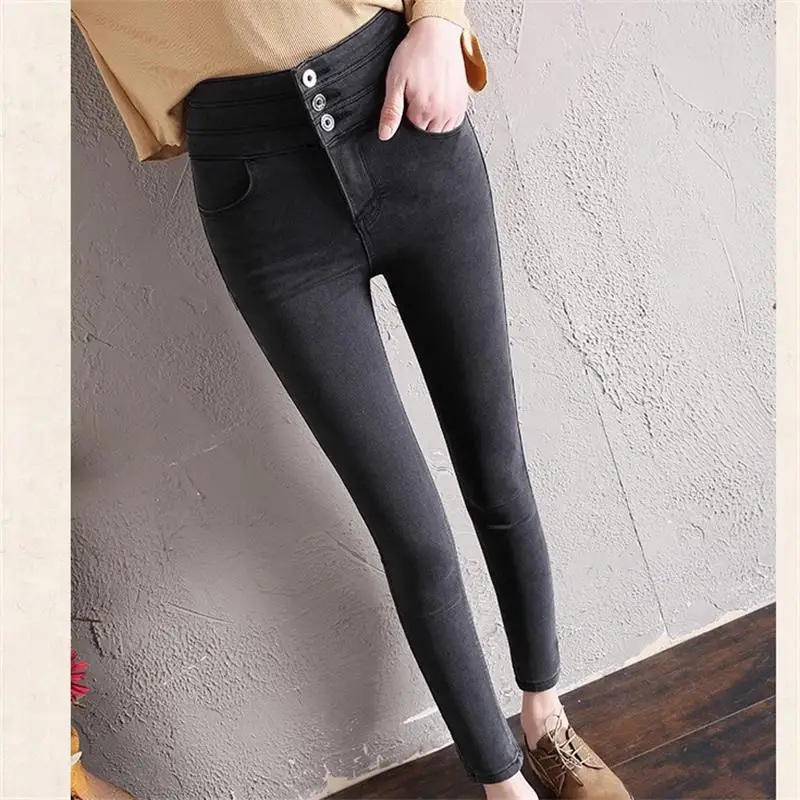 2019 Spring New Slim Pencil Mid Waist Jeans Womens Pants Ankle-Length Pants Regular Female Black Jeans,28 