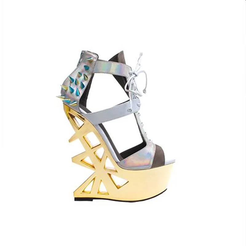 

2019 hot selling rose red fretwork heels woman summer sandals fluorescence electric light gold laser woman colorful shoes rivet
