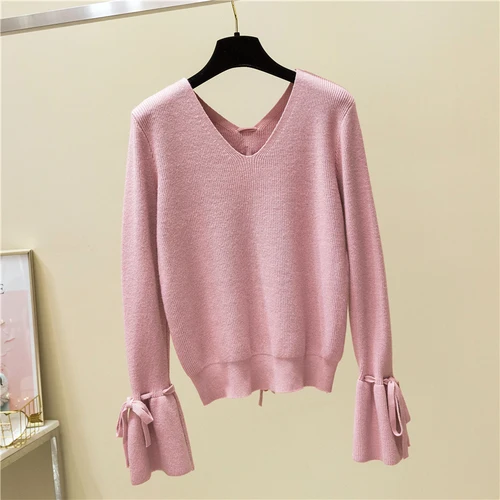 Neploe вязаный Однотонный женский свитер осень v-образный вырез рукав-фонарик Топы повседневные Свободные корейские женские свитера 45096 - Цвет: pink