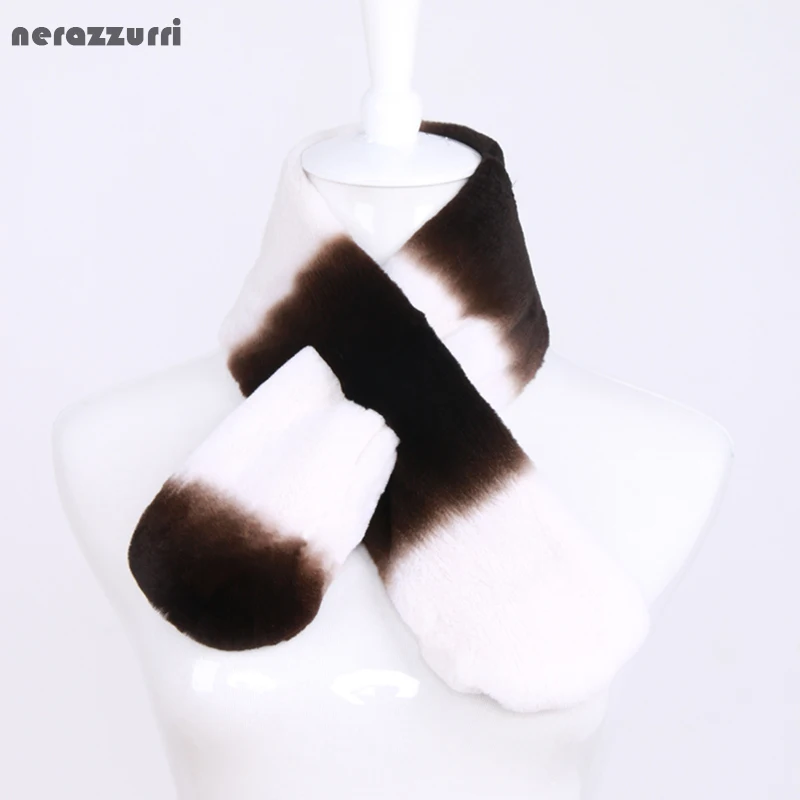 

Nerazzurri Luxury brand new fashion Real rex rabbit fur scarf women Gradient soft thick warm real fur stole women Neck scarves